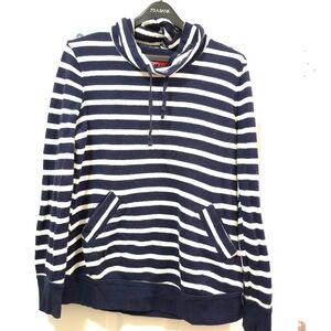 Merona Navy White Stripe Funnel Neck Terry Cloth Sweatshirt Sz XL